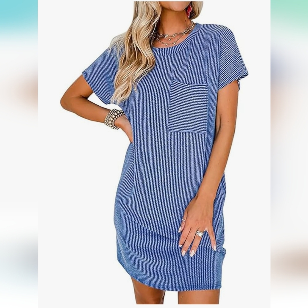 Casual Short Sleeve Crewneck Summer Mini Tshirt Ribbed Knit Short Dress